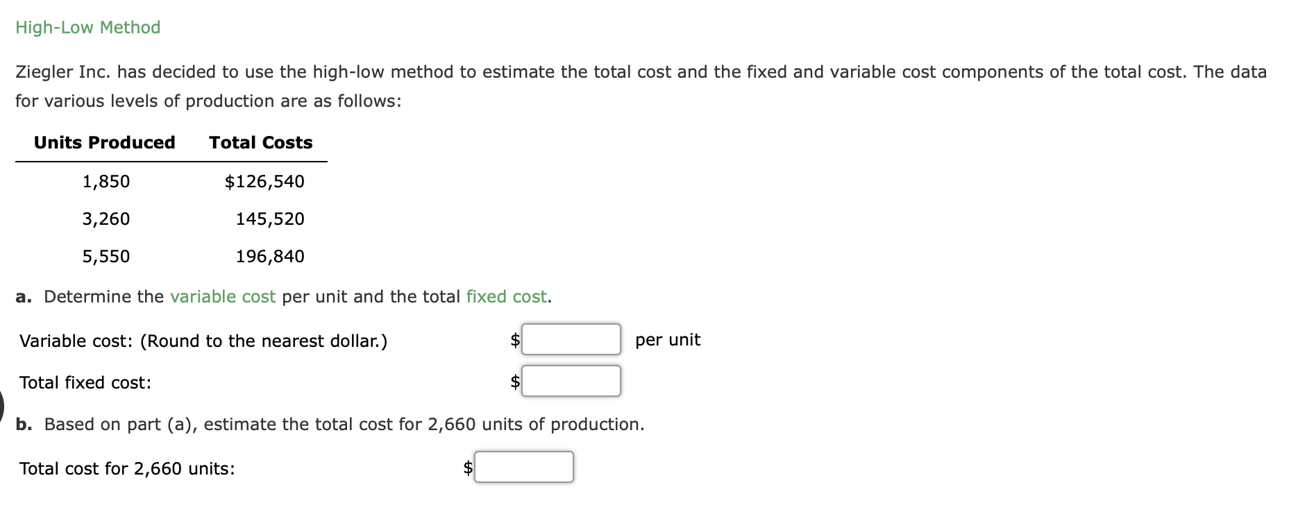 High-Low Method Ziegler Inc. has decided to use the high-low method to