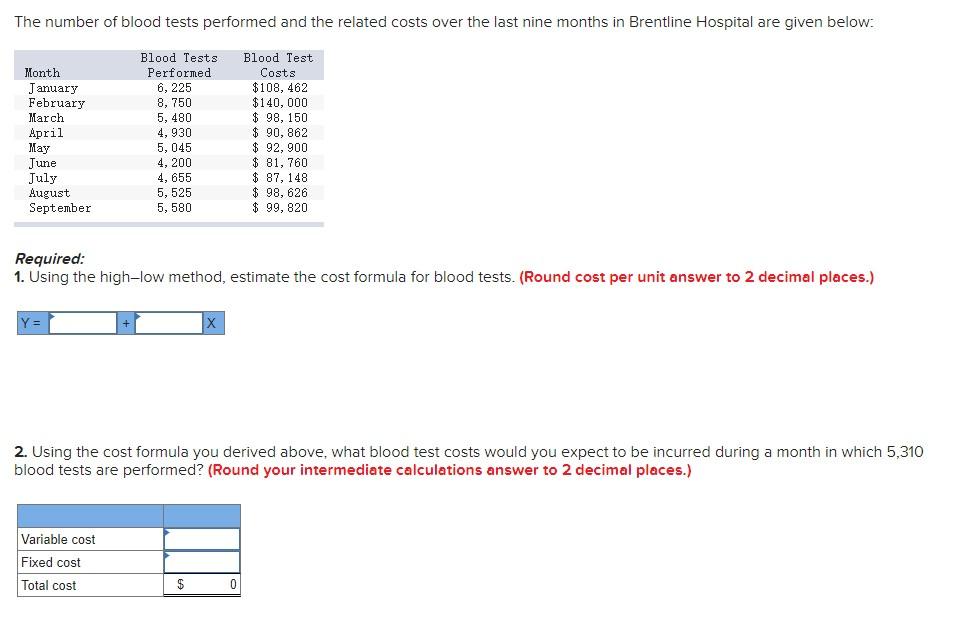 Required: 1. Using the high-low method, estimate the cost formula for