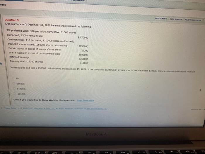  nent CALCULATOR FULL SCREEN PRINTER VERSION Question 3 Crane Corporation's December