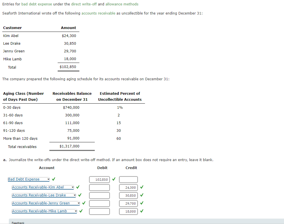  Entries for bad debt expense under the direct write-off and allowance