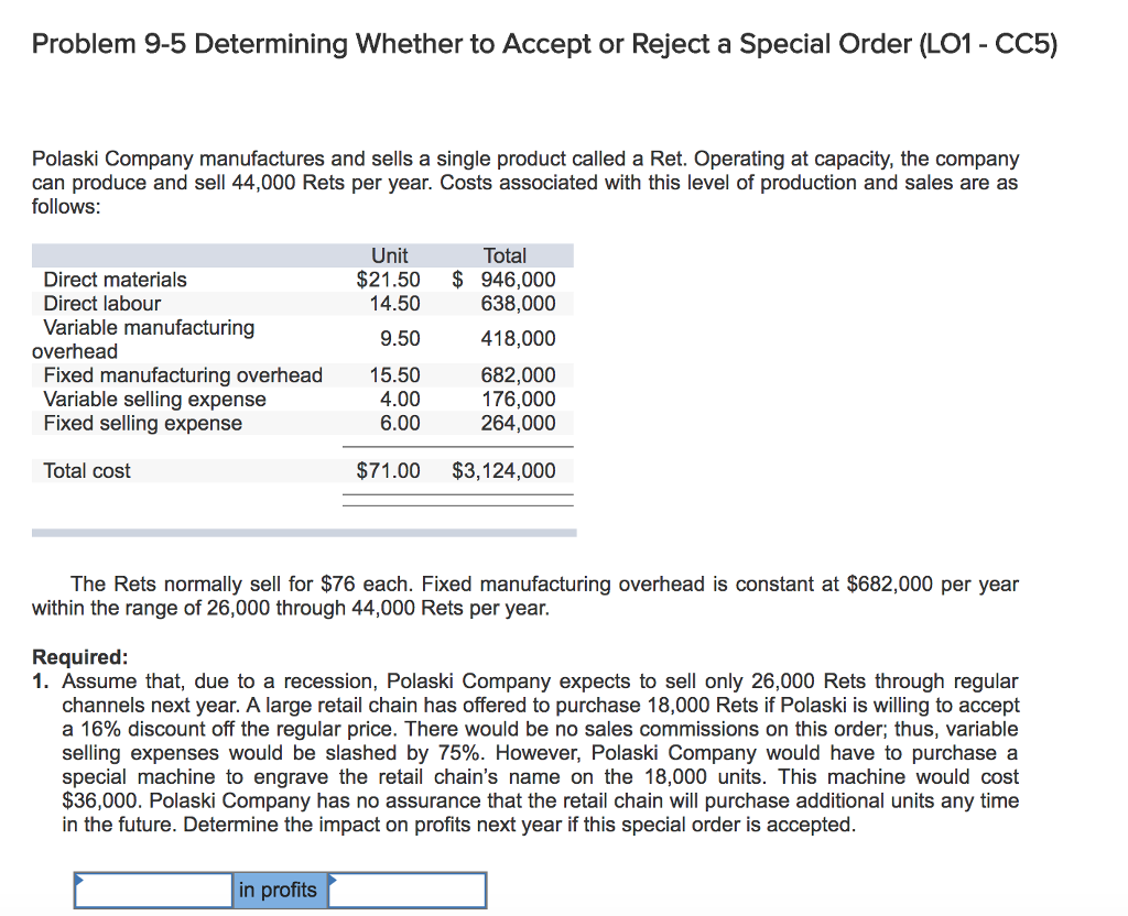 Problem 9-5 Determining Whether to Accept or Reject a Special Order