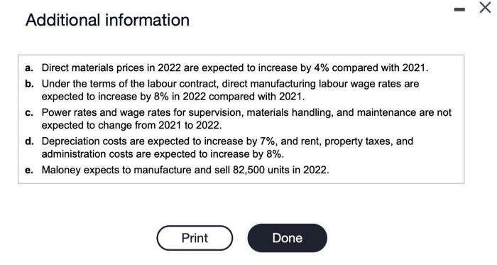2022. Requirement 2. Calculate Maloney's total manufacturing cost per unit in 2021