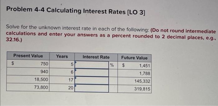  Problem 4-4 Calculating Interest Rates [LO 3] Solve for the unknown