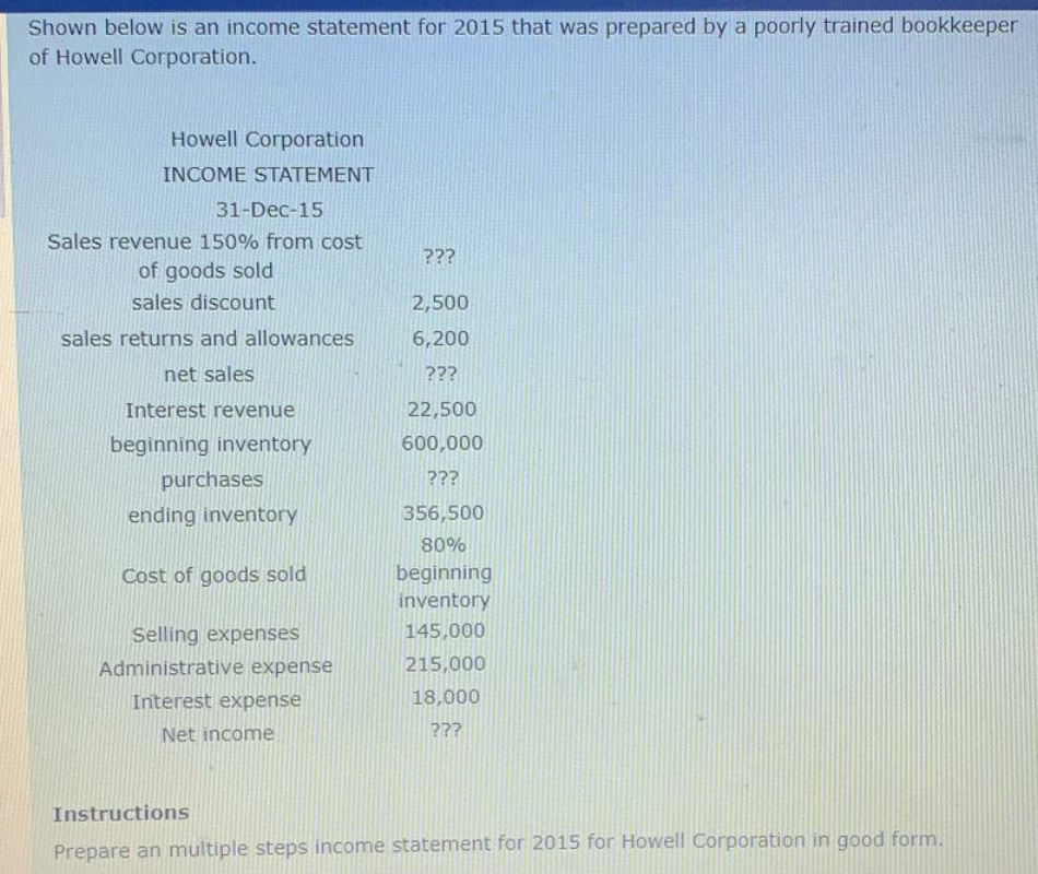 Shown below is an income statement for 2015 that was prepared