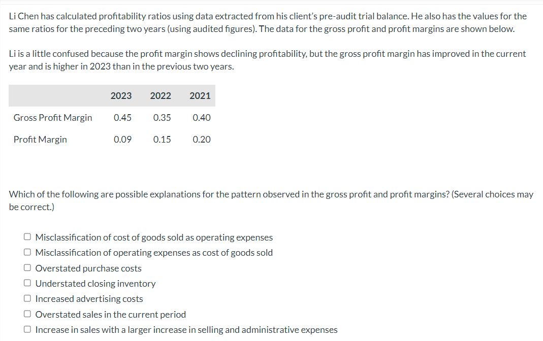  Li Chen has calculated profitability ratios using data extracted from his