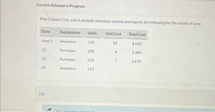  Current Attempt in Progress Pina Colada Corp. uses a periodic inventory