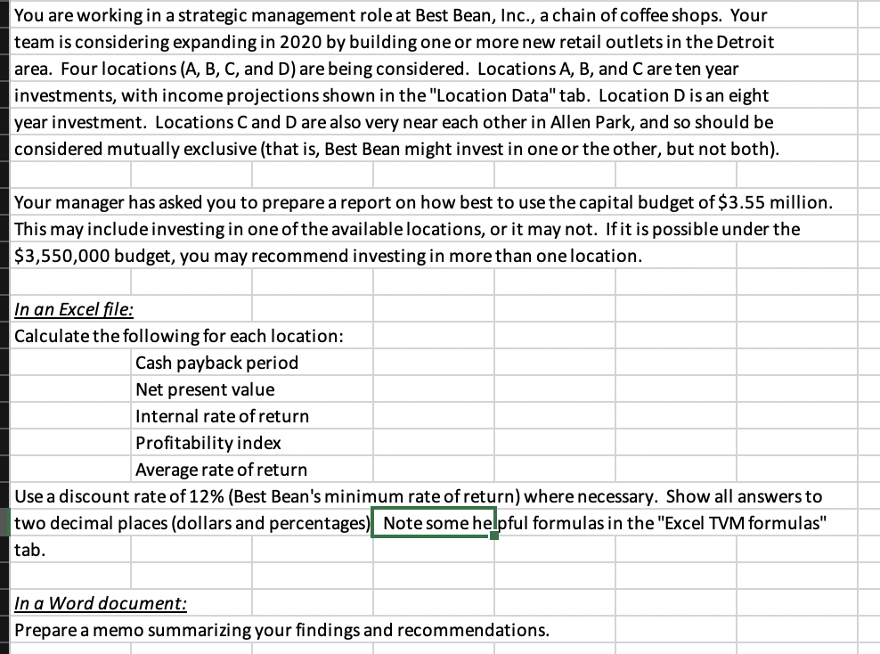  Please include excel formulas used for each calulation and provide short