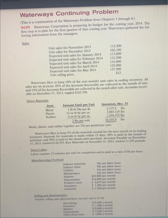 please answer questions e - i Waterways Continuing Problem (This is a