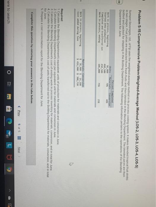  Problem 5-15 Comprehensive Problem-Weighted-Average Method (LO5-2, LO5-3, LO5-4, LO5-5] Sunspot Beverages.