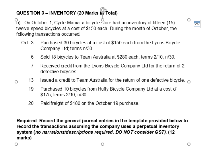 ICI QUESTION 3 - INVENTORY (20 Marks in Total) b) On