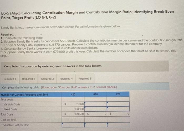  E6-5 (Algo) Calculating Contribution Margin and Contribution Margin Ratio: Identifying Break-Even