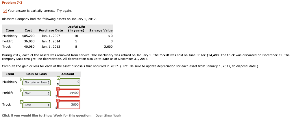 Problem 7-3 Your answer is partially correct. Try again Blossom Company