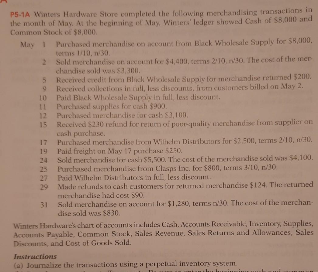 typing format please. table P5-1A Winters Hardware Store completed the following