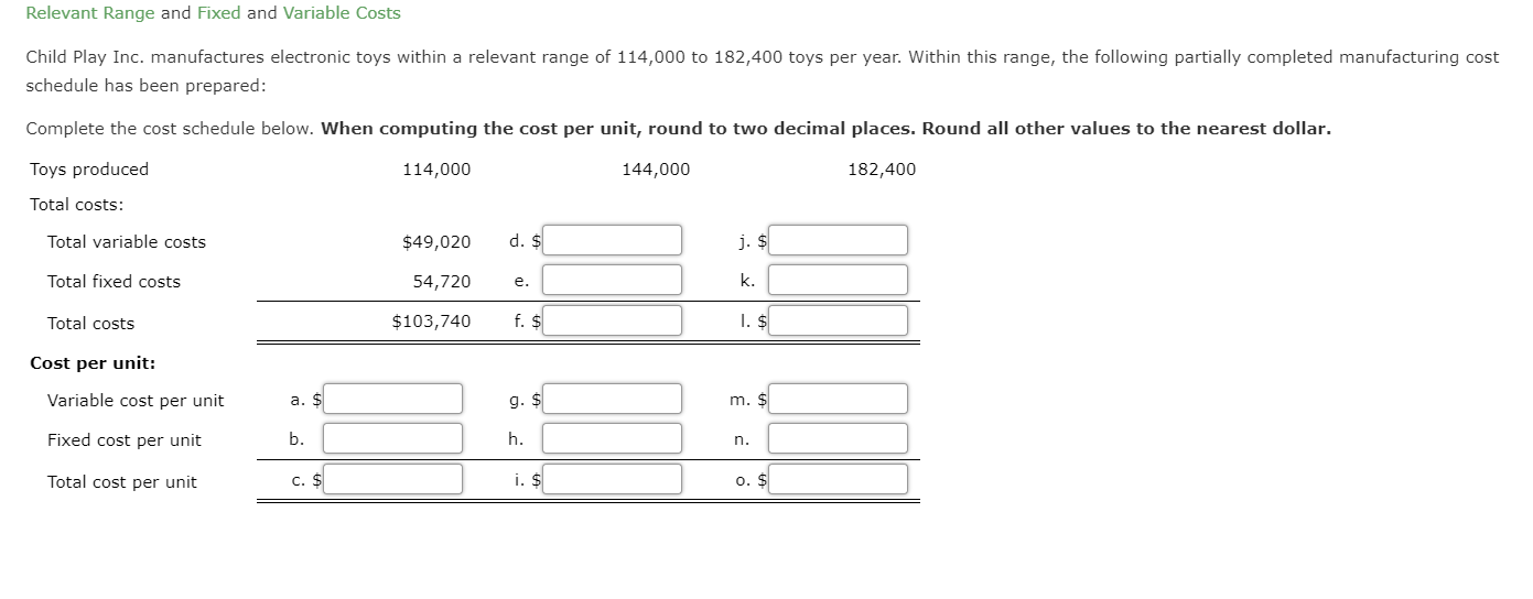 Relevant Range and Fixed and Variable Costs Child Play Inc. manufactures