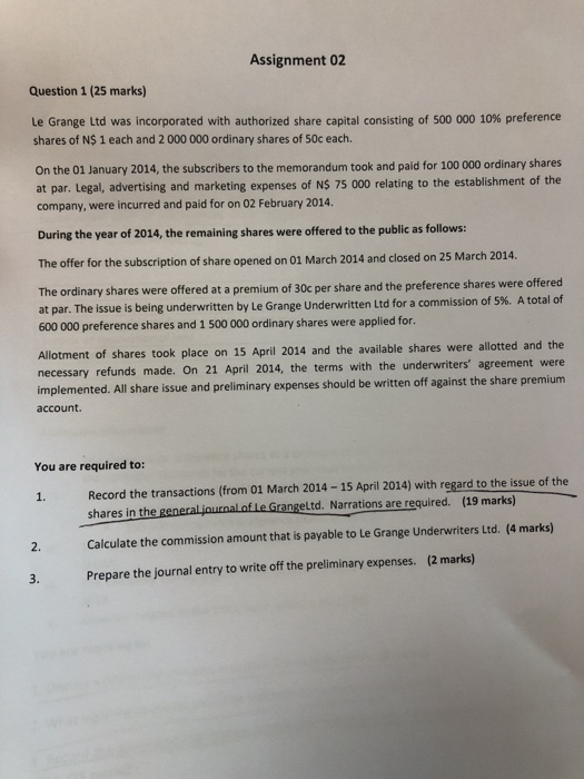  Assignment 02 Question 1 (25 marks) Le Grange Ltd was incorporated