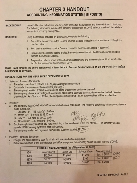  CHAPTER 3 HANDOUT ACCOUNTING INFORMATION SYSTEM [18 POINTS BACKGROUND Harmet's Hats