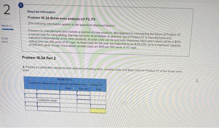  2 Part 2012 Required information Problem 18-3A Break-even analysis LO P2,
