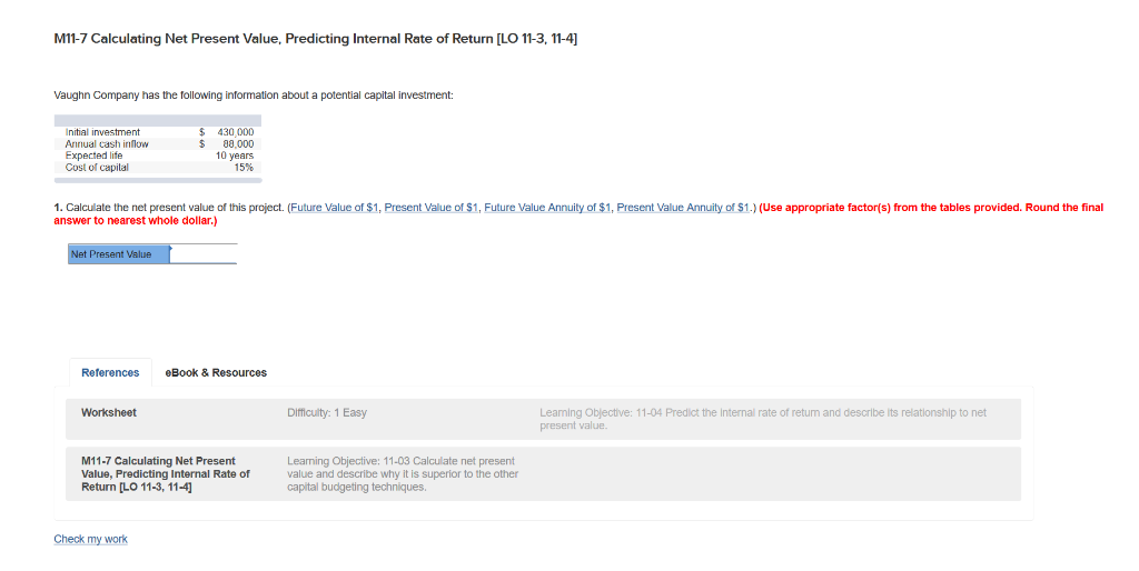 M11-7 Calculating Net Present Value, Predicting Internal Rate of Return [LO