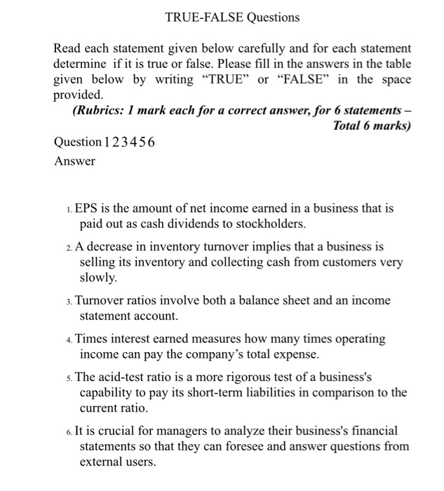  TRUE-FALSE Questions Read each statement given below carefully and for each