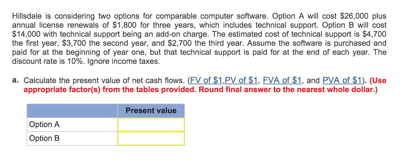  Hillsdale is considering two options for comparable computer software. Option A
