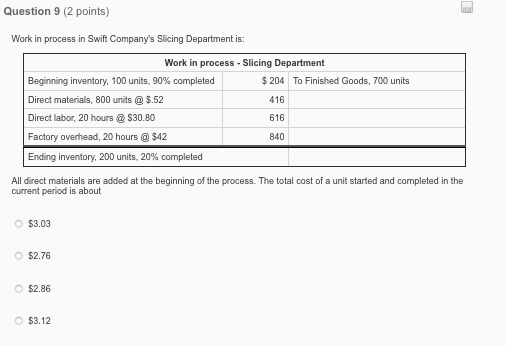  Question 9 (2 points) Work in process in Swift Company's Slicing