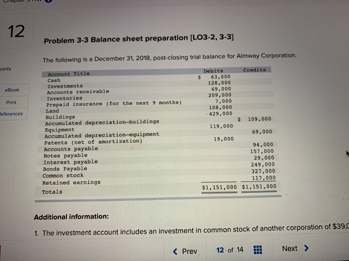 Please show work when solving 12 Problem 3-3 Balance sheet preparation