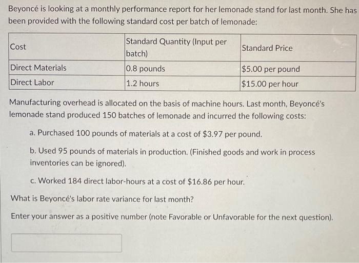  Beyonc is looking at a monthly performance report for her lemonade