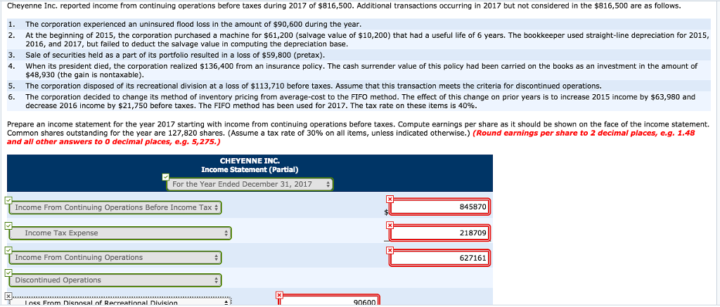 i need help solving this please!! Cheyenne Inc. reported income from continuing