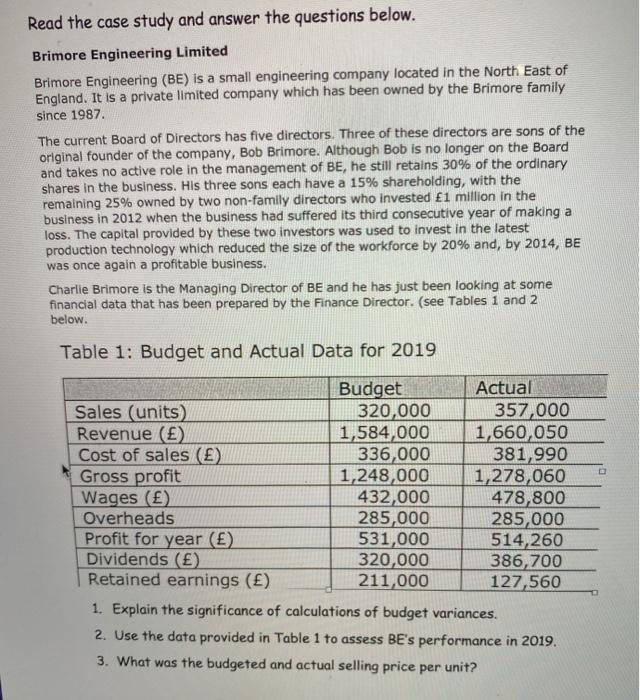  Read the case study and answer the questions below. Brimore Engineering