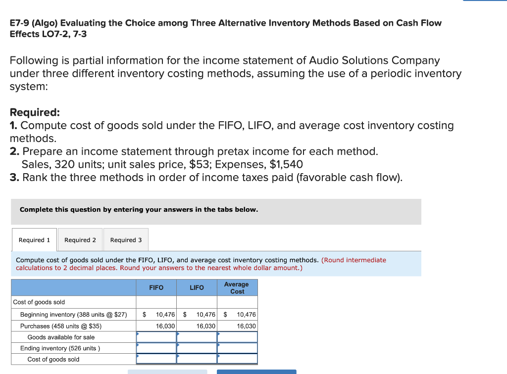 income statement of Audio Solutions Company under three different inventory costing methods,