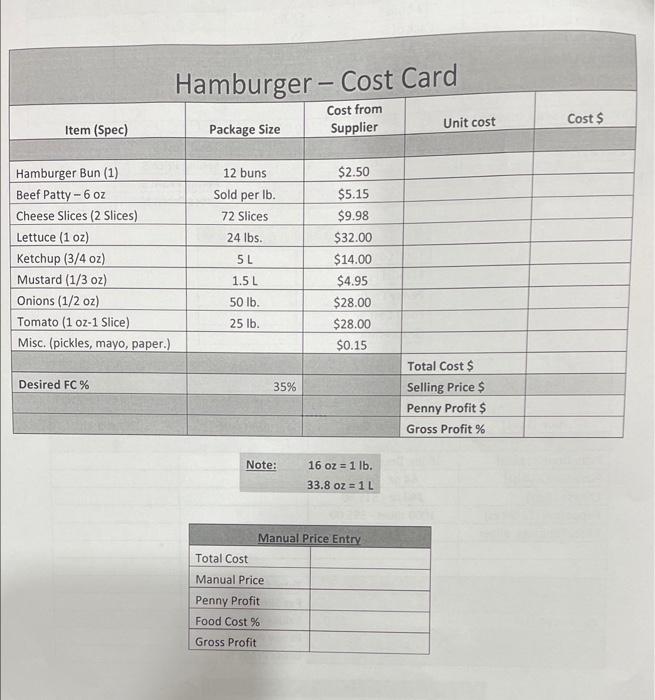 need calculation step by step Hamburger - Cost Card Note:16oz=1lb33.8oz=1L \begin{tabular}{|l|l|} \hline