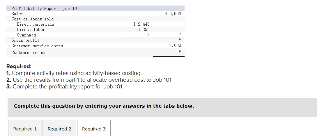 Required: 1. Compute activity rates using activity-based costing. 2. Use the