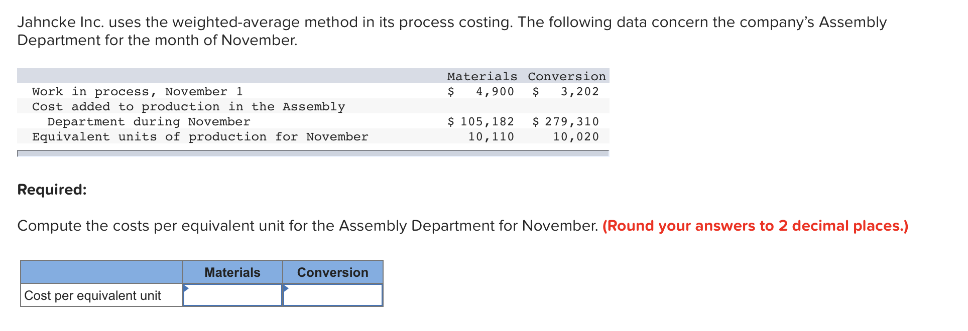  Jahncke Inc. uses the weighted average method in its process costing.