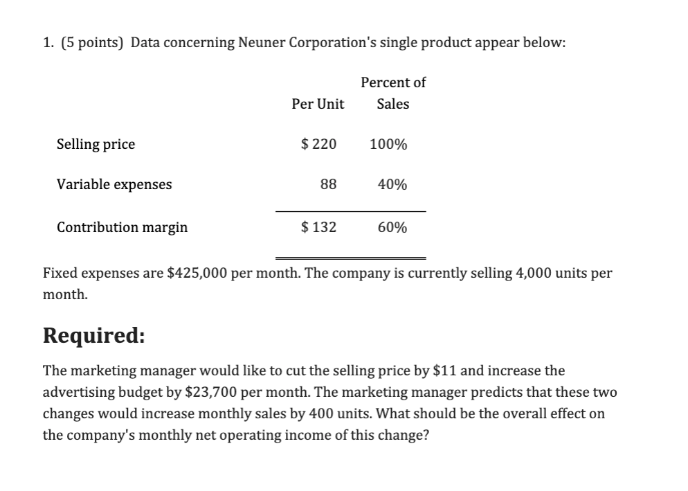 1. (5 points) Data concerning Neuner Corporation's single product appear below: Per