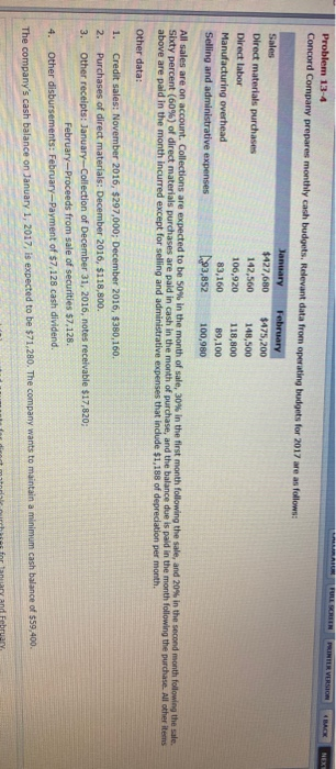  PRINTER VERSION NEXT Problem 13-4 Concord Company prepares monthly cash budgets.