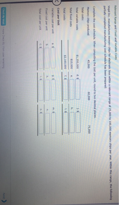  Relevant Range and Fixed and Variable Costs Vogel Inc. manufactures memory
