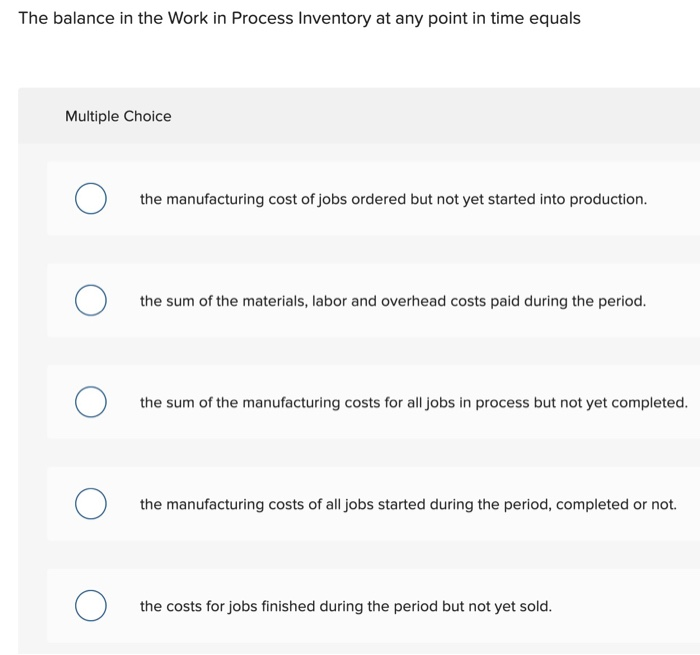  The balance in the Work in Process Inventory at any point