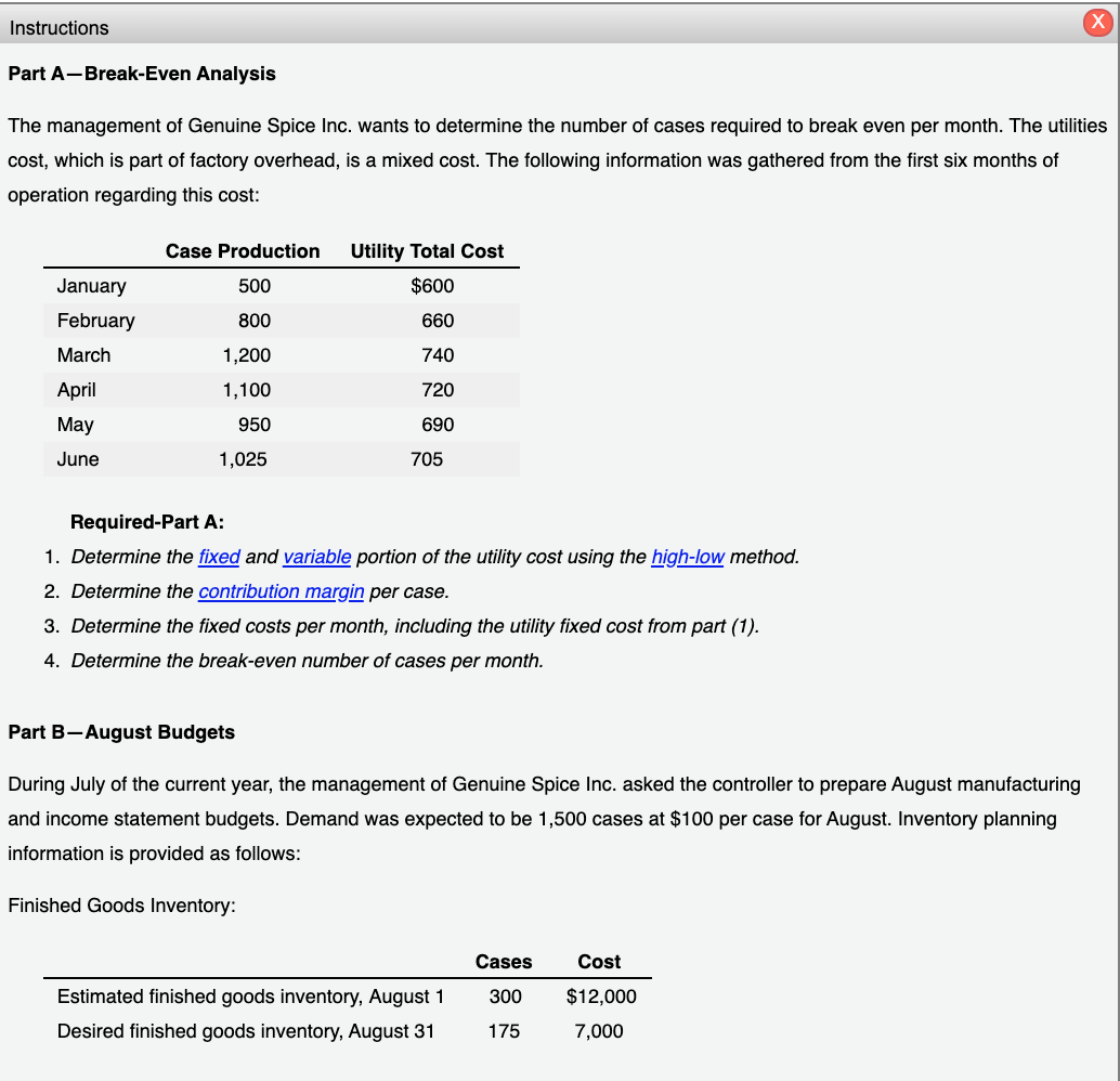 ONLY QUESTION 9 PLEASE ONLY NUMBER 9! Instructions Part A-Break-Even Analysis