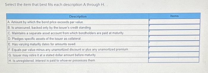  Select the item that best fits each description A through H.