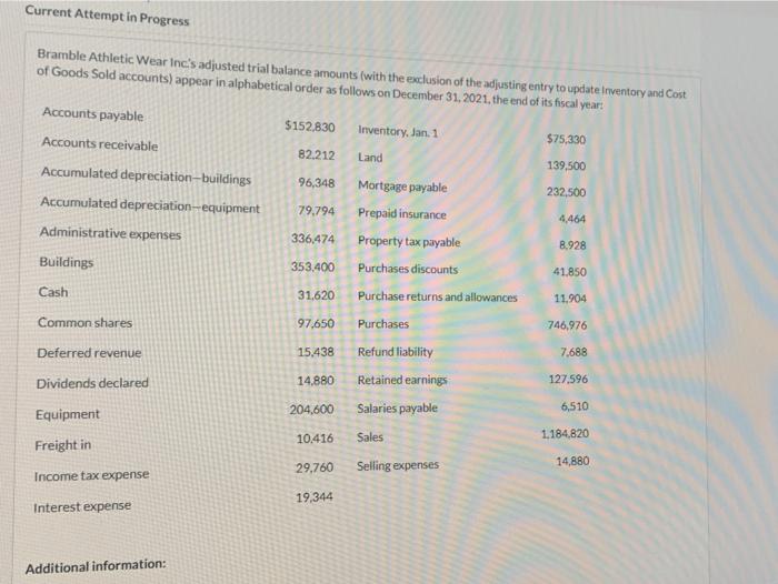  Current Attempt in Progress Bramble Athletic Wear Inc's adjusted trial balance