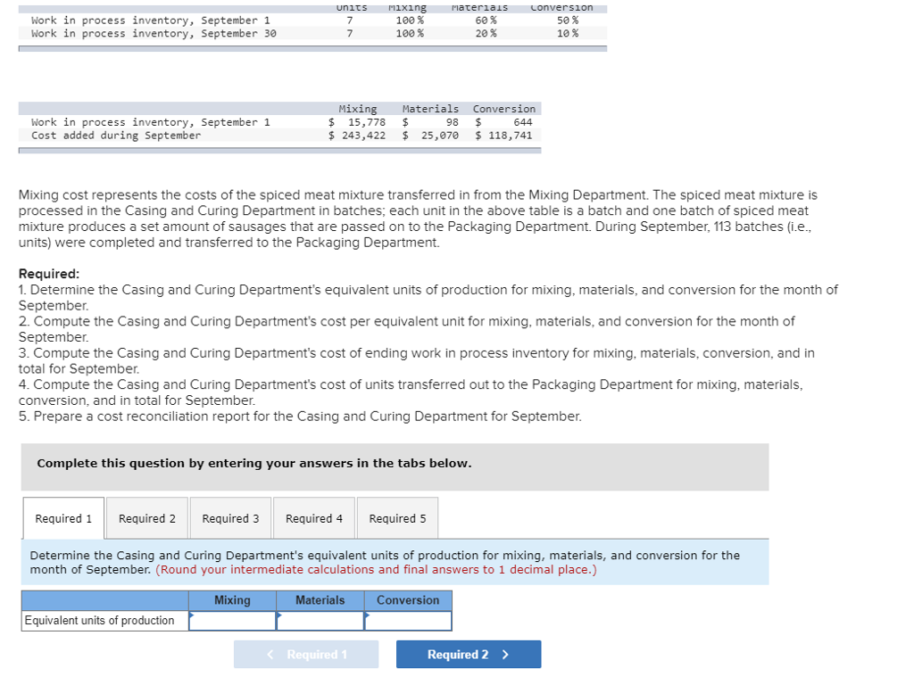 units S iixing ateriaiS Lonversion Work in process inventory, September 1
