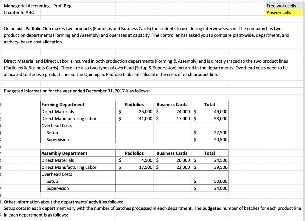  PLEASE ANSWER IN EXCEL WITH FORMULAS INCLUDED Managerial Accounting - Prof.