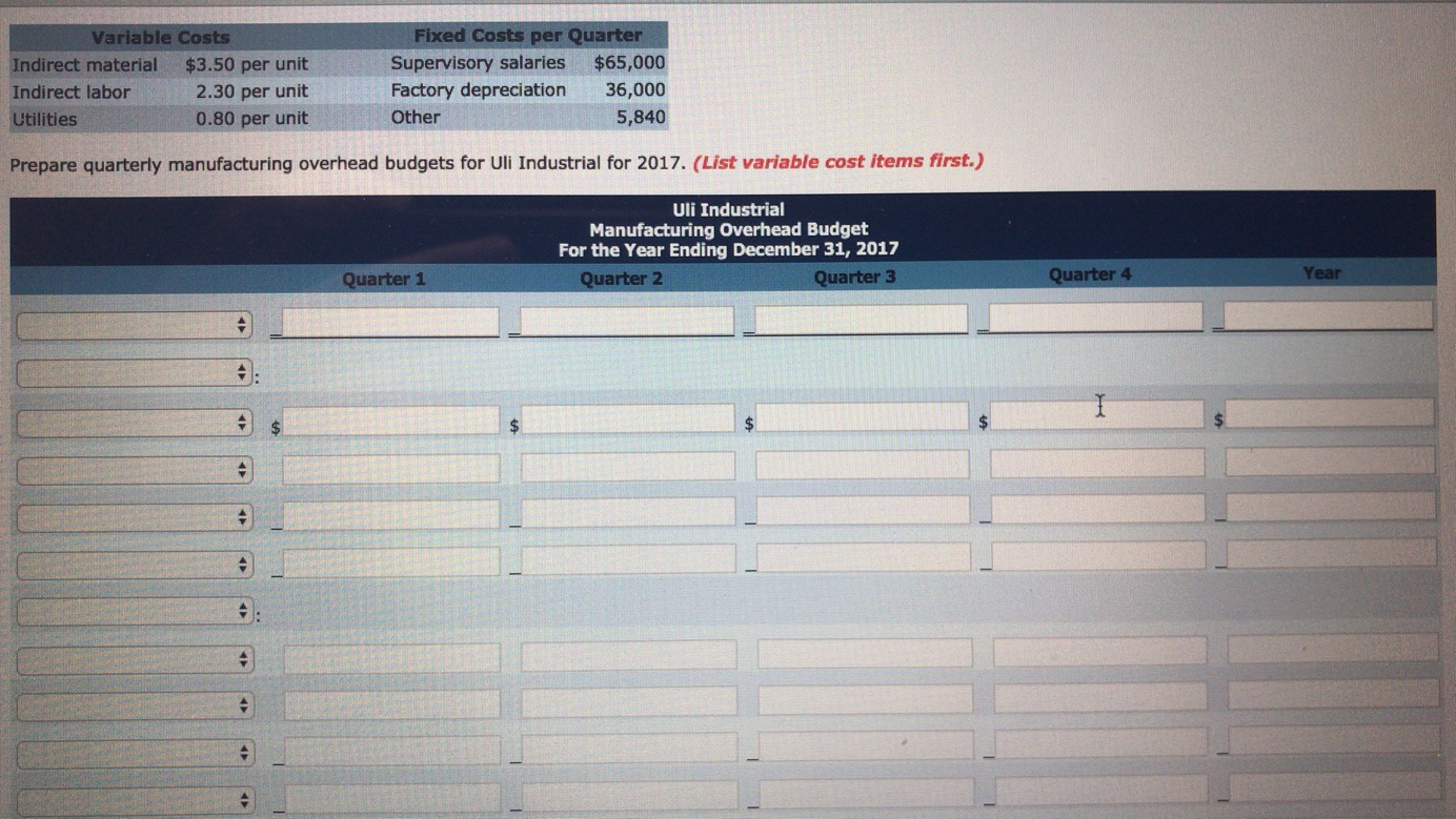 Variable Costs Indirect material $3.50 per unit Indirect labor 2.30 per
