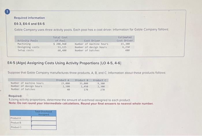  Required information E4-3, E4-4 and E4-5 Gable Company uses three activity