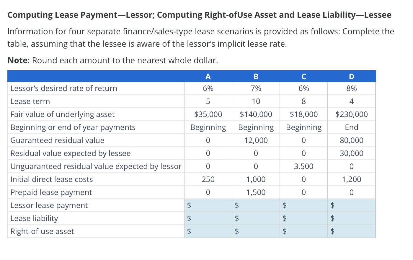 Computing Lease Payment-Lessor; Computing Right-ofUse Asset and Lease Liability-Lessee Information for