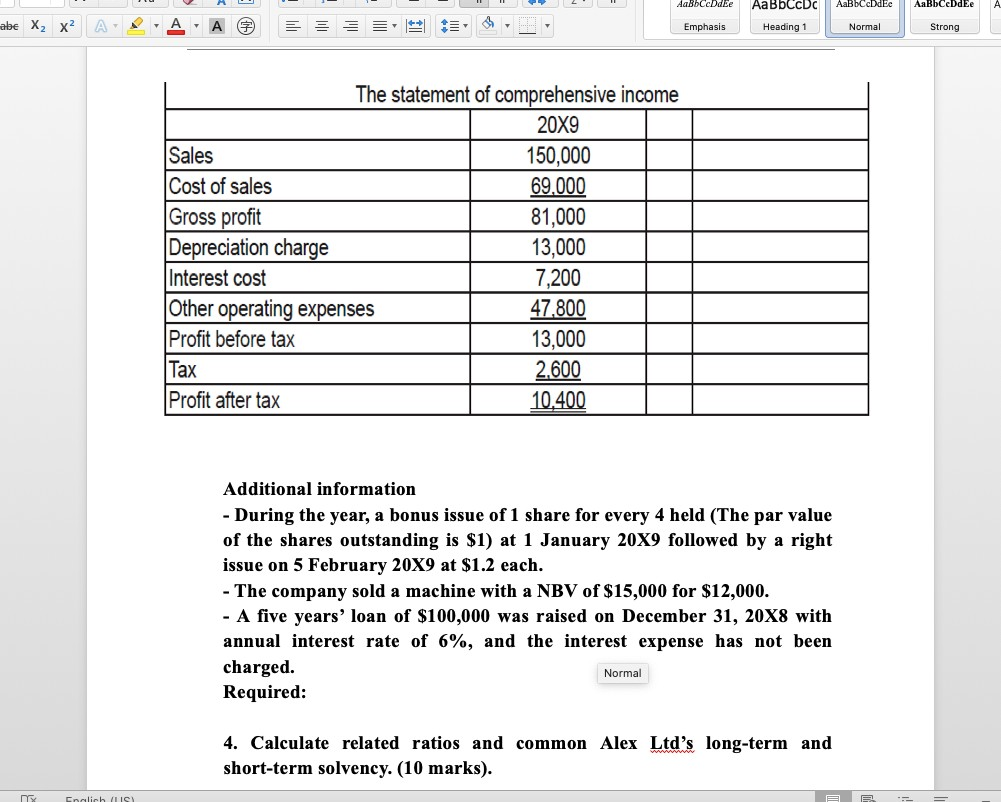 Emphasis Normal Strong The following statement of financial position and statement of