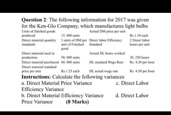  Question 2: The following information for 2017 was given for the