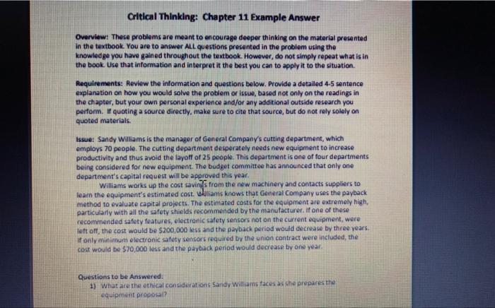  Critical Thinking: Chapter 11 Example Answer Overview: These problems are meant