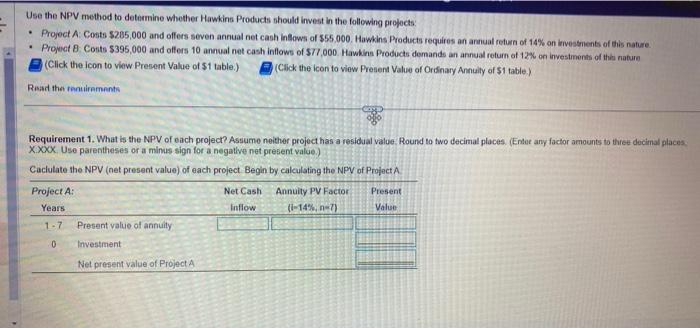 please help me... Use the NPV method to determine whether Hawkins Products