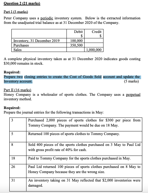 Question 2 (21 marks) Part I (5 marks) Peter Company uses